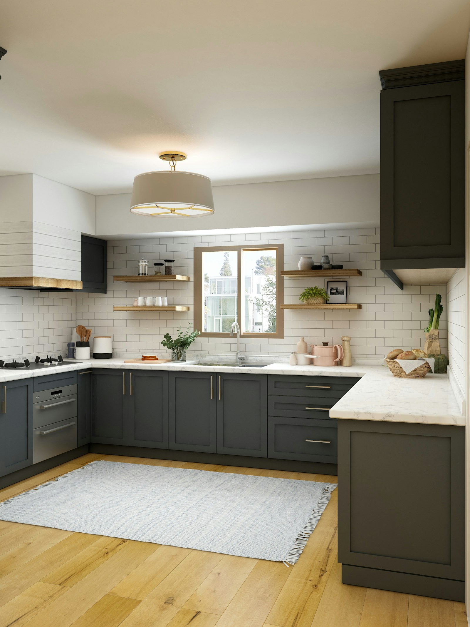 Charcoal kitchen with white marble countertops and waterfall edge